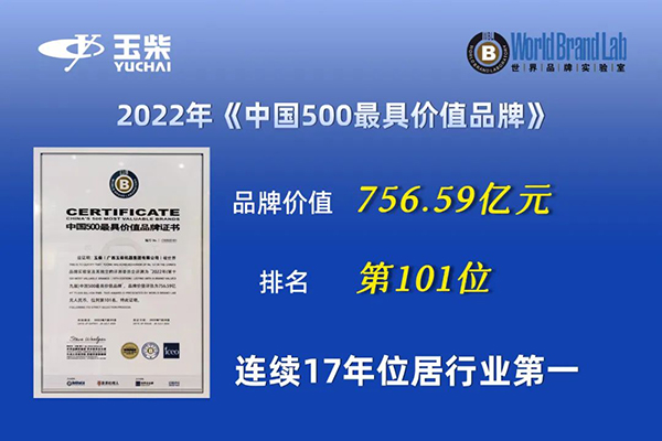 2022年《中國500最具價值品牌》揭曉，玉柴品牌連續(xù)17年領(lǐng)跑內(nèi)燃機行業(yè)?